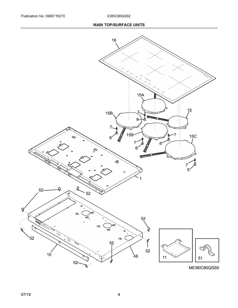 Main Top/surface Units Diagram and Parts List for E36IC80QSS2  Frigidaire Cooktop