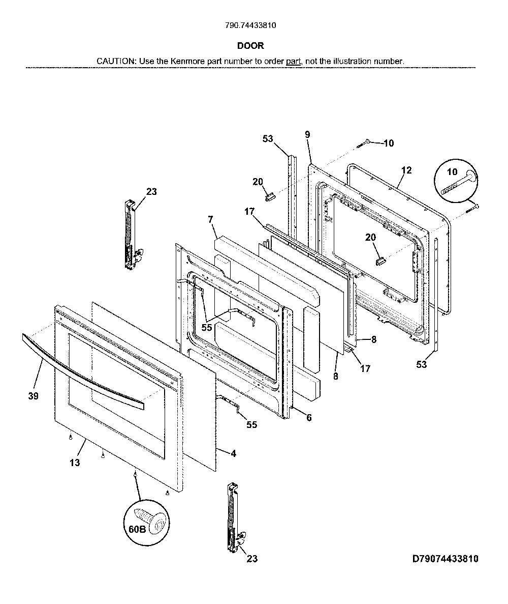 Door Diagram and Parts List for 79074433810  Kenmore Range
