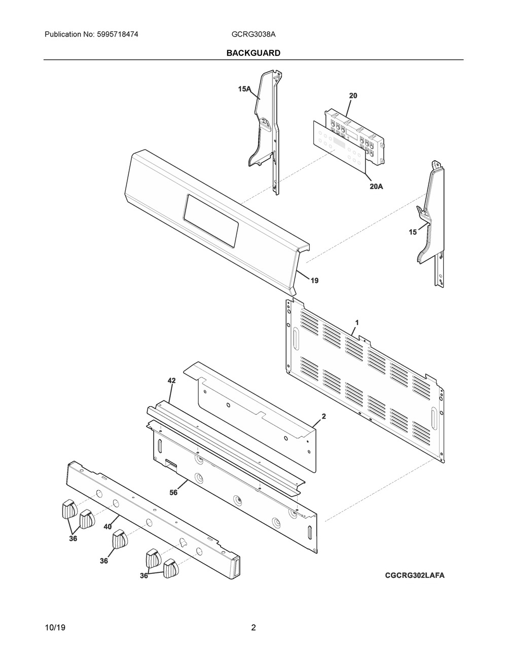 Backguard Diagram and Parts List for GCRG3038ADA  Frigidaire Range