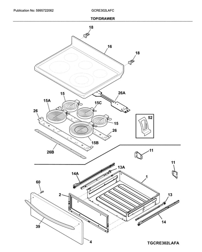 Top/Drawer Diagram and Parts List for GCRE302LAFC  Frigidaire Range