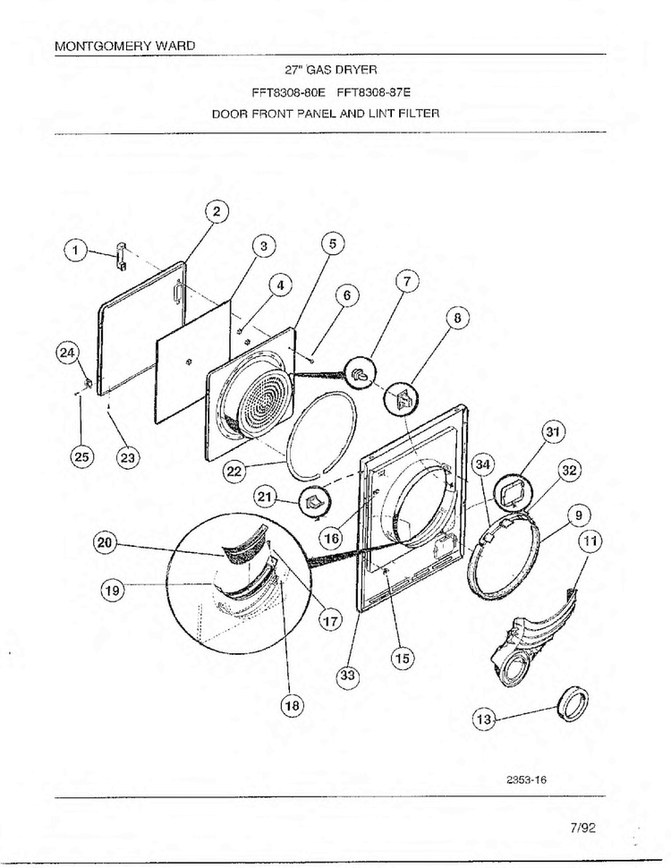 Door Front Panel And Lint Filter Diagram and Parts List for 8308-80E  Frigidaire Dryer
