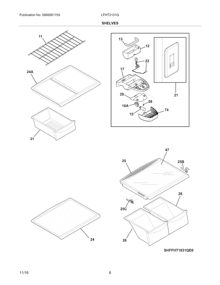 Shelves Diagram and Parts List for LFHT2131QF1  Frigidaire Refrigerator