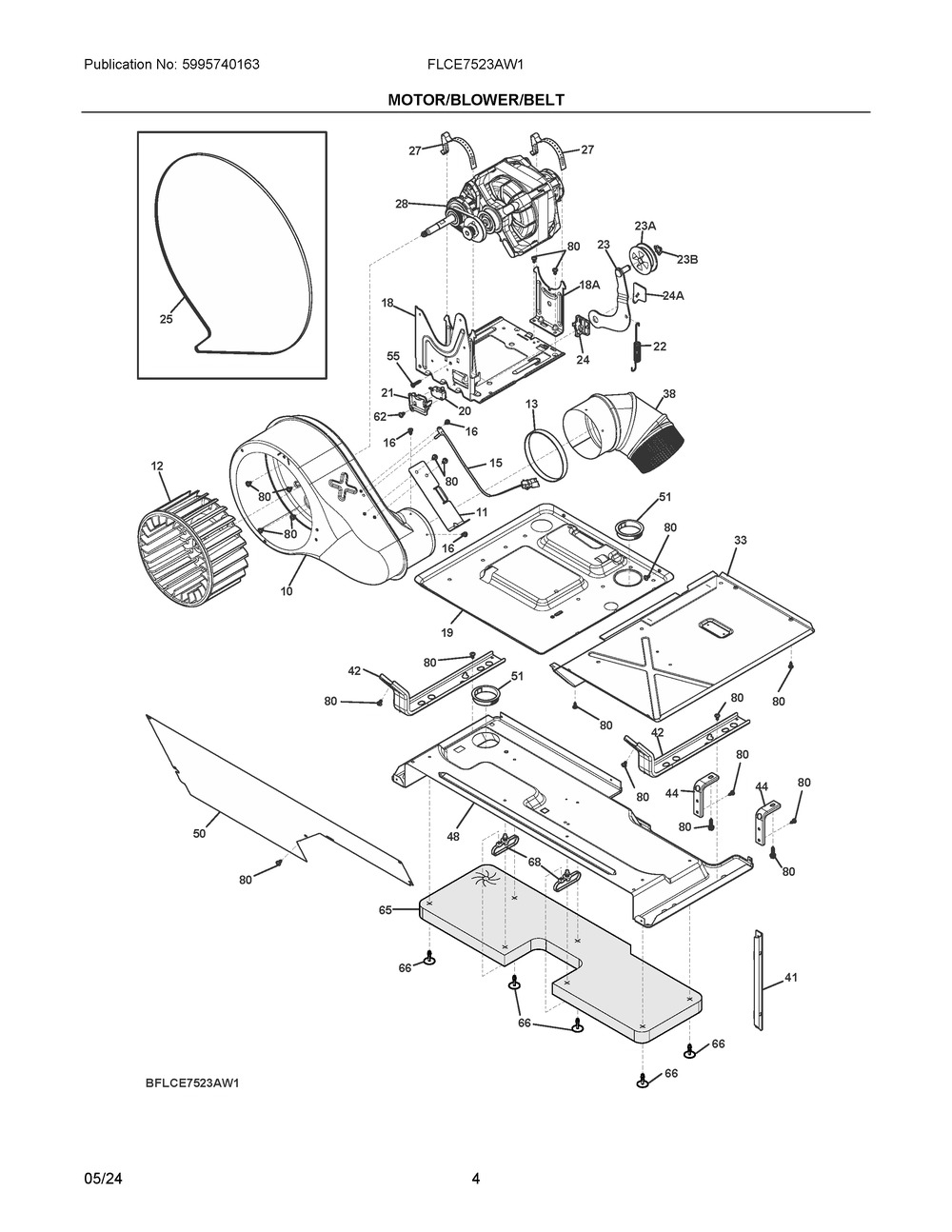 Motor/Blower/Belt Diagram and Parts List for FLCE7523AW1  Frigidaire Washer Dryer Combo