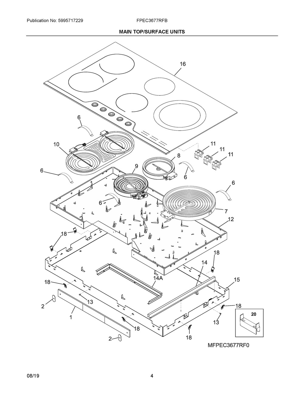 Main Top/surface Units Diagram and Parts List for FPEC3677RFB  Frigidaire Cooktop