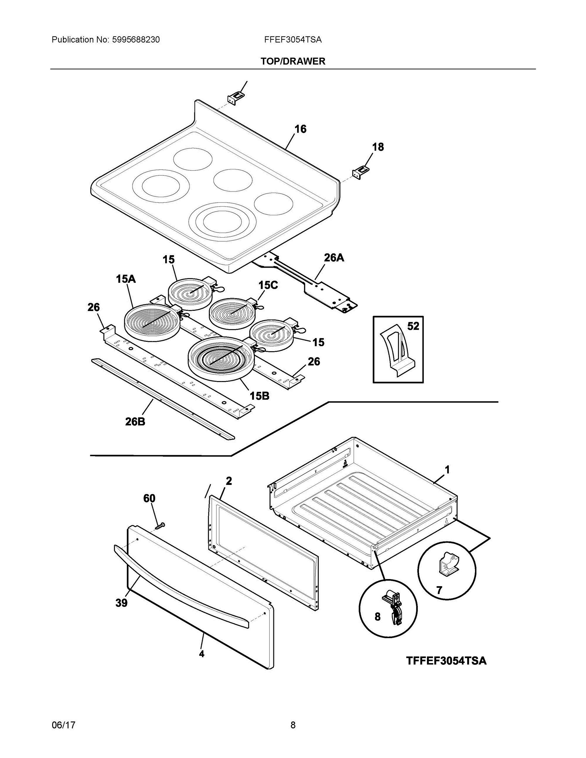 04 - TOP/DRAWER Diagram and Parts List for FFEF3054TSA  Frigidaire Range