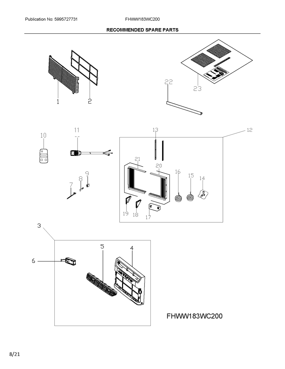 Spares Diagram and Parts List for FHWW183WC200  Electrolux Air Conditioner