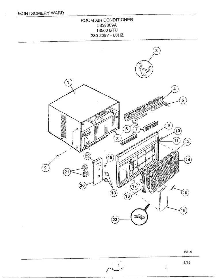 Room Air Conditioner Diagram and Parts List for 4338009A  Frigidaire Air Conditioner