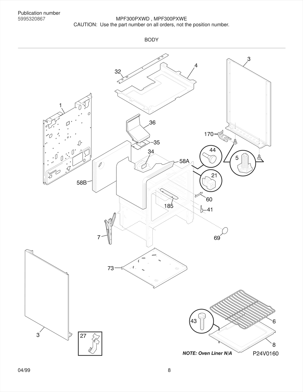Body 2 Diagram and Parts List for MPF300PXWD  Frigidaire Range