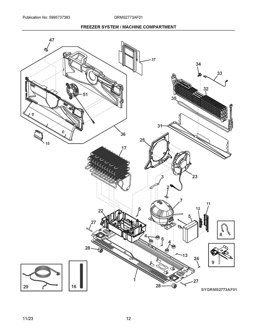 Freezer System / Machine Compartment Diagram and Parts List for GRMS2773AF01  Frigidaire Refrigerator