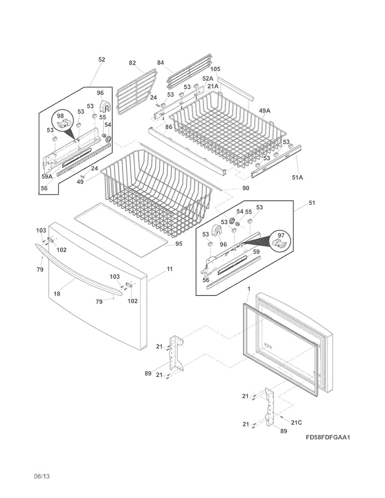 Freezer Drawer, Baskets Diagram and Parts List for FGHB2844LED  Frigidaire Refrigerator