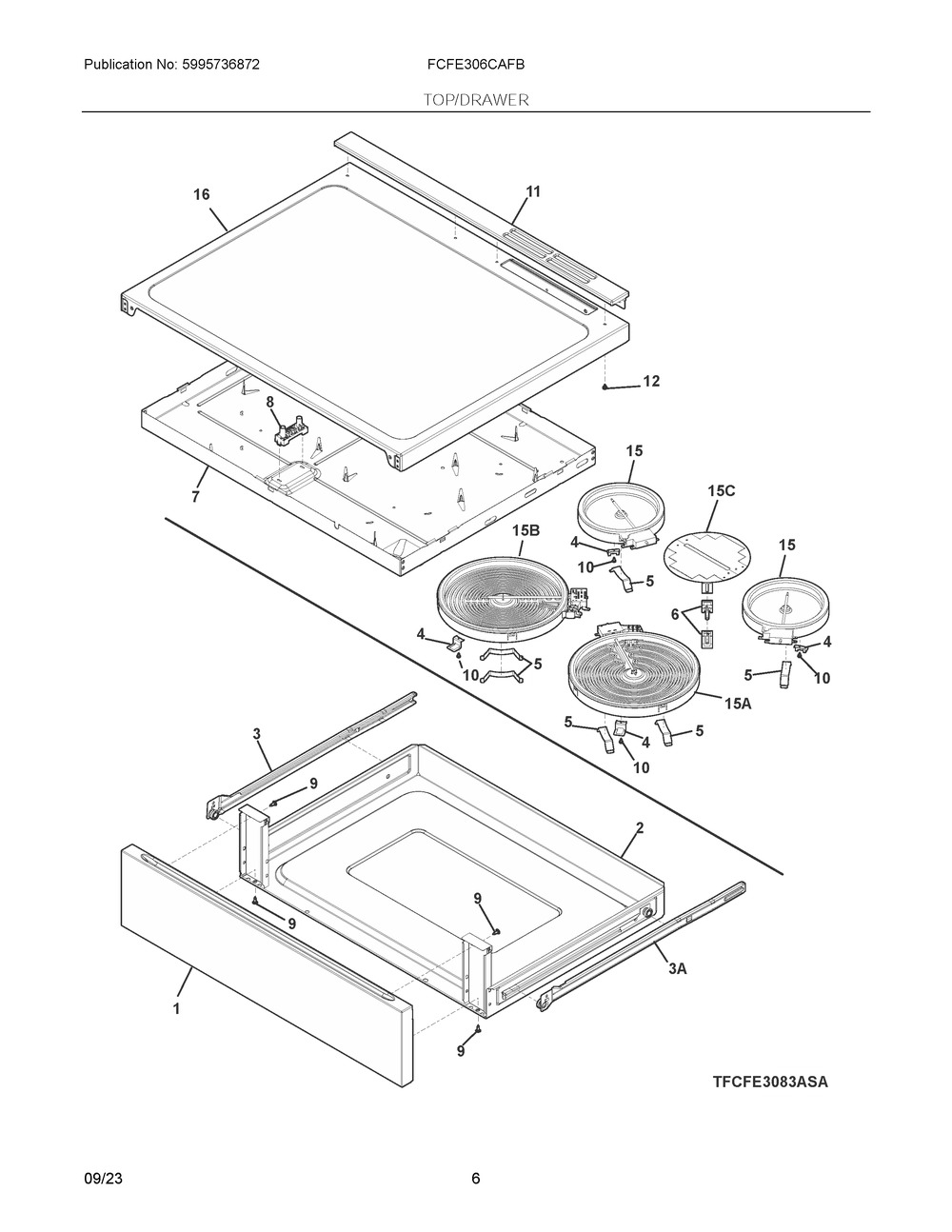 Top/Drawer Diagram and Parts List for FCFE306CAFB  Frigidaire Range