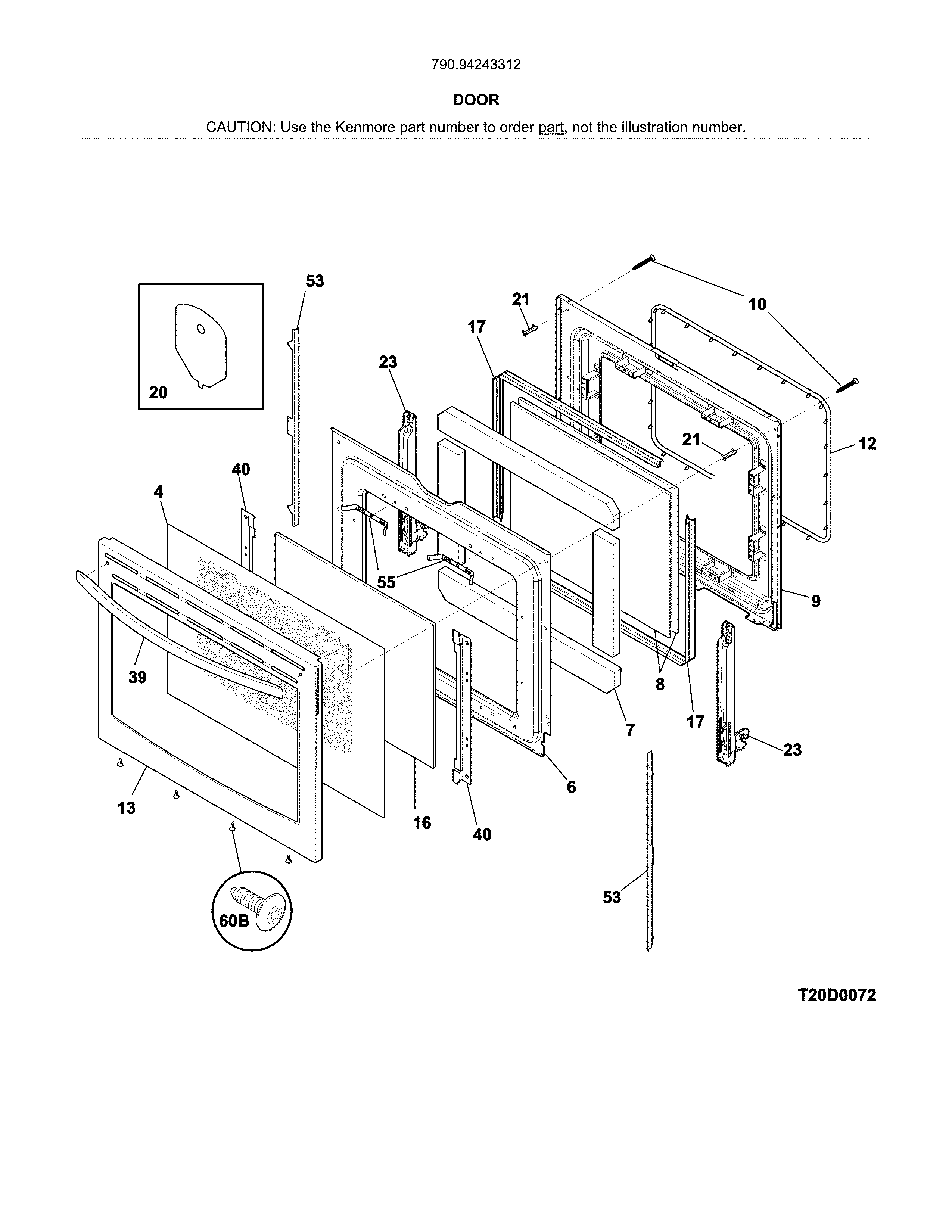 Door Diagram and Parts List for 79094243312  Kenmore Range