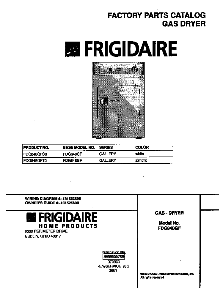 COVER Diagram and Parts List for FDG848GFT0  Frigidaire Dryer