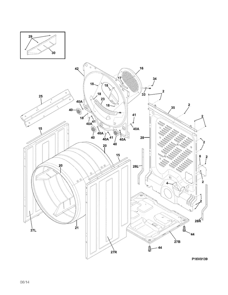 Cabinet/drum Diagram and Parts List for FFQE5000QW0  Frigidaire Dryer