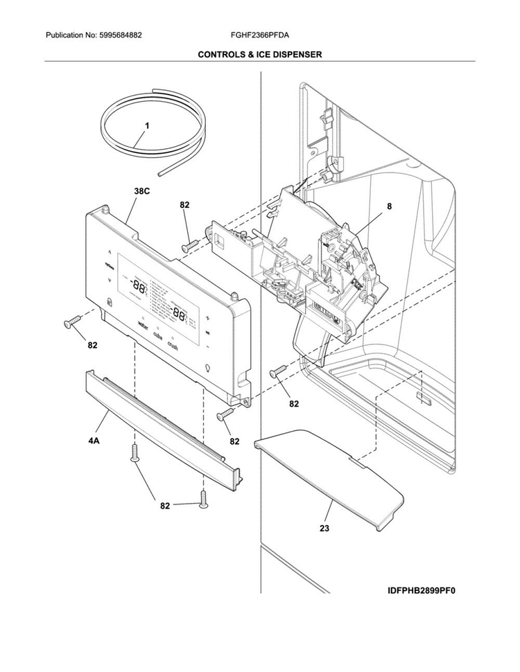 Controls Ice Dispenser Diagram and Parts List for FGHF2366PFDA  Frigidaire Refrigerator
