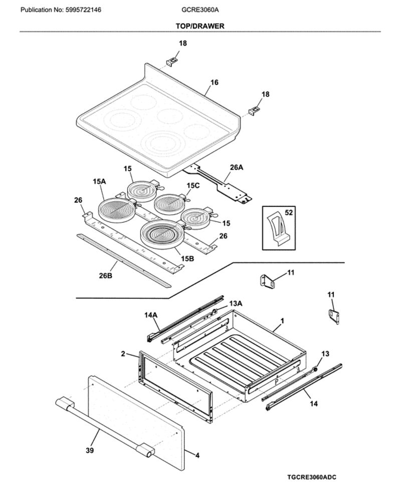 Top/Drawer Diagram and Parts List for GCRE3060AFC  Frigidaire Range