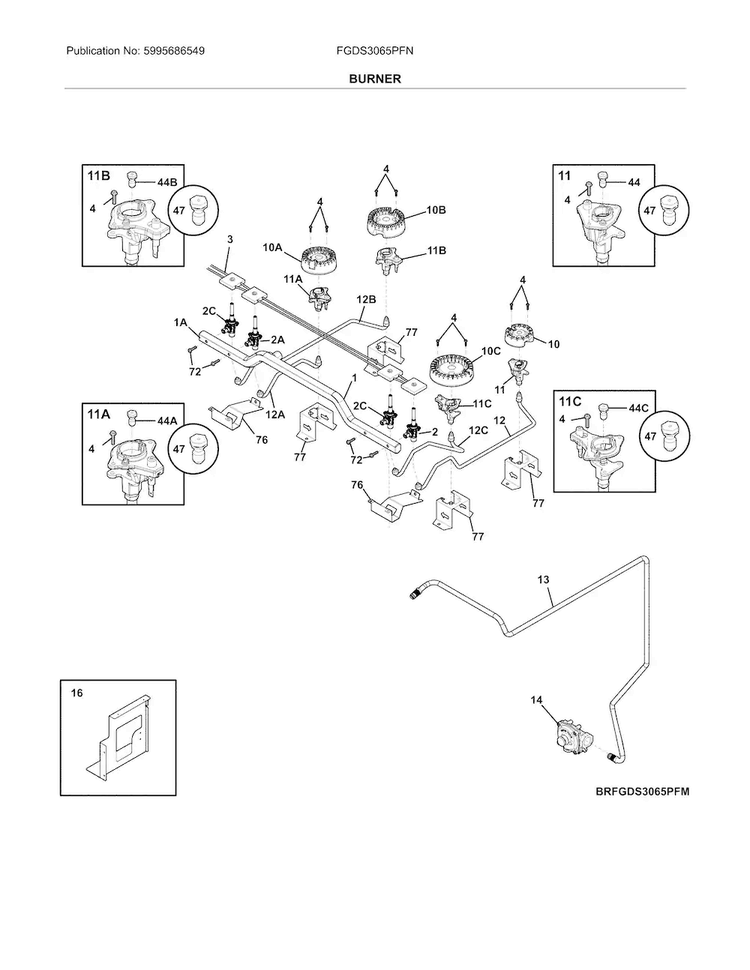 Burner Diagram and Parts List for FGDS3065PFN  Frigidaire Range