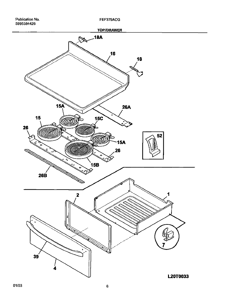 TOP / DRAWER Diagram and Parts List for FEF379ACG  Frigidaire Range