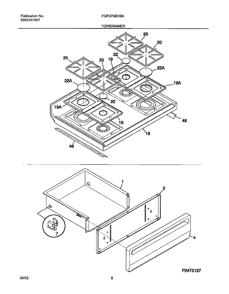TOP / DRAWER Diagram and Parts List for FGF375BHBA  Frigidaire Range