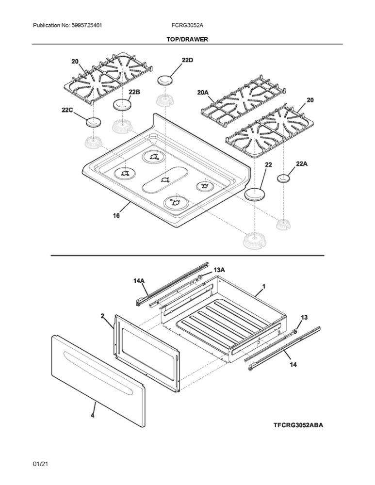 Top/Drawer Diagram and Parts List for FCRG3052ABC  Frigidaire Range