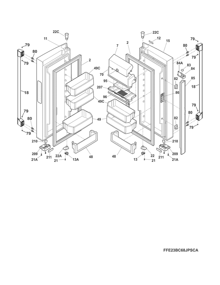 Fresh Food Doors Diagram and Parts List for E23BC68JPSCA  Electrolux Refrigerator