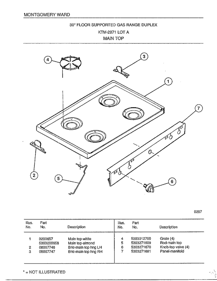 Main Top Diagram and Parts List for 2871A  Frigidaire Range