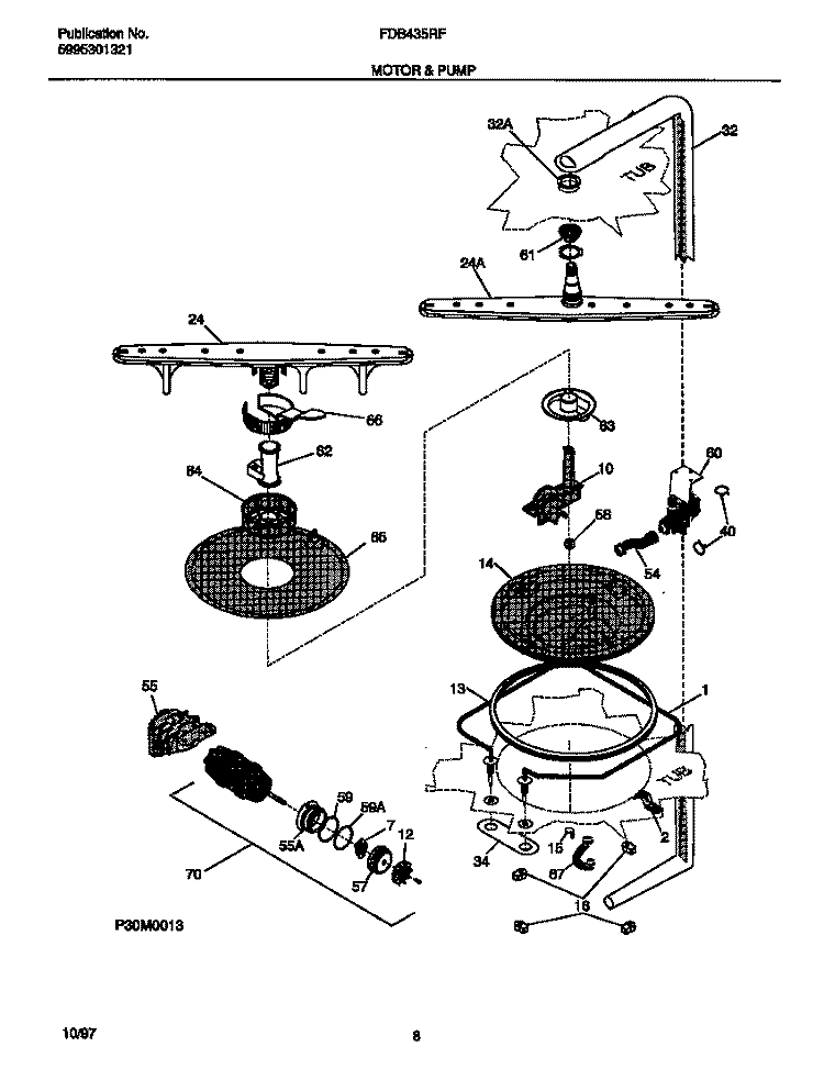 MOTOR & PUMP Diagram and Parts List for FDB435RFR3  Frigidaire Dishwasher