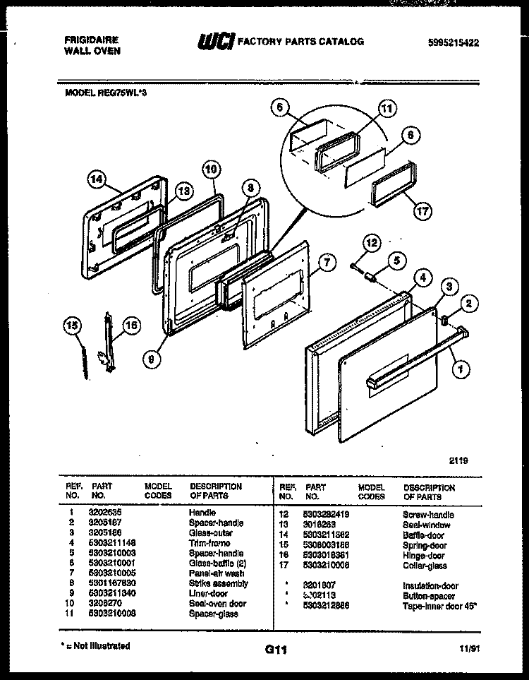 DOOR PARTS Diagram and Parts List for REG75WL3  Frigidaire Wall Oven