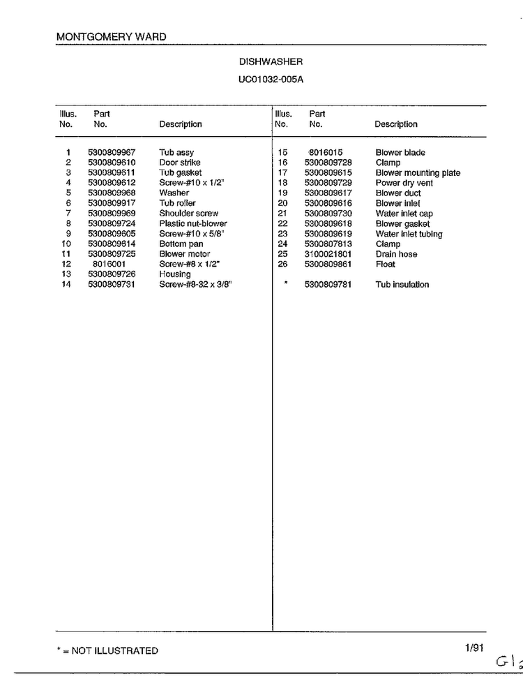 Dishwasher Page 6 Diagram and Parts List for 1032-005A  Frigidaire Dishwasher