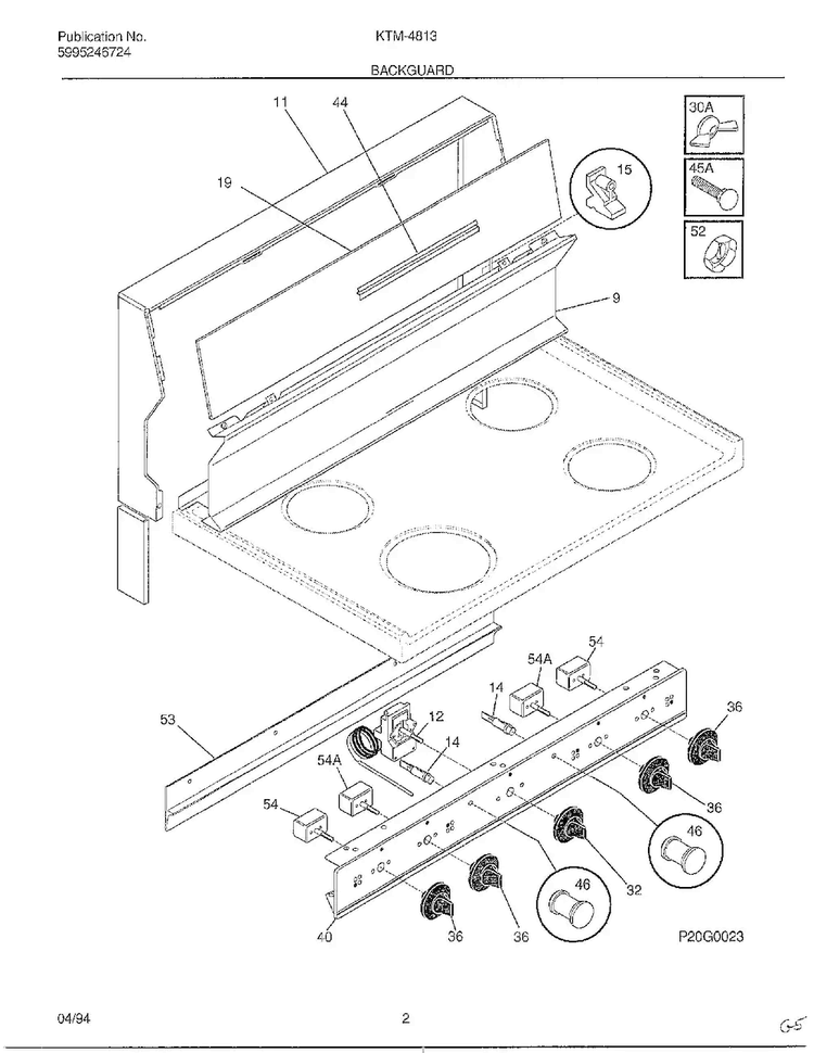 Backguard Diagram and Parts List for 4813-80B  Frigidaire Range