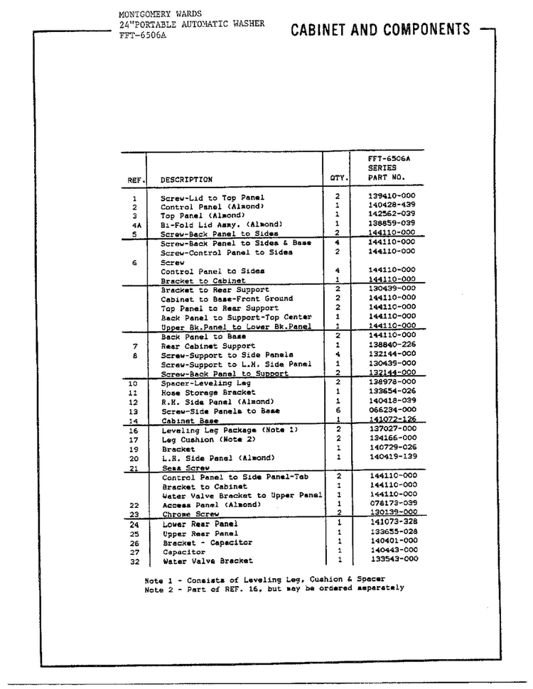 24` Portable/cabinet And Components Page 2 Diagram and Parts List for 6506A  Frigidaire Washer