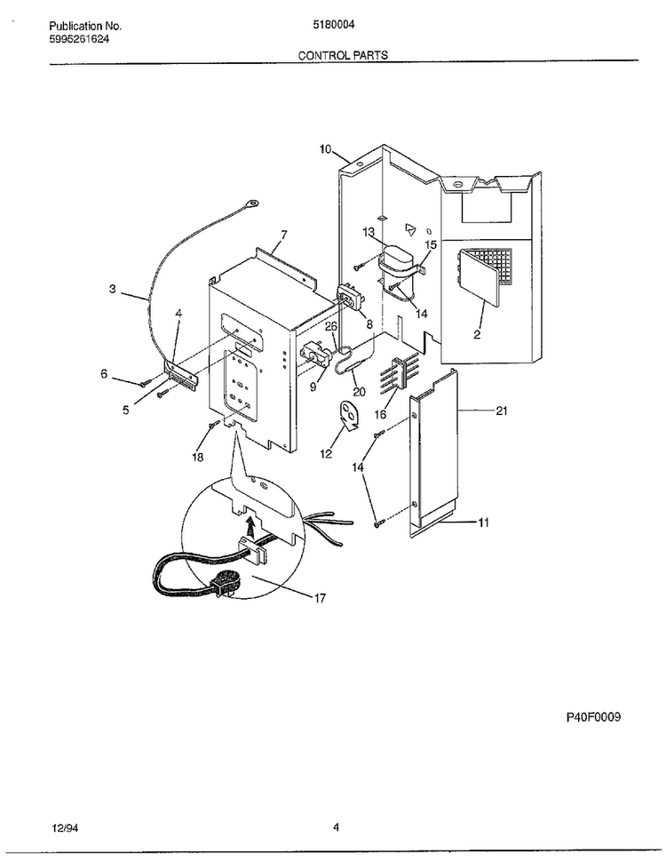 Control Parts Diagram and Parts List for 5180004A  Frigidaire Air Conditioner