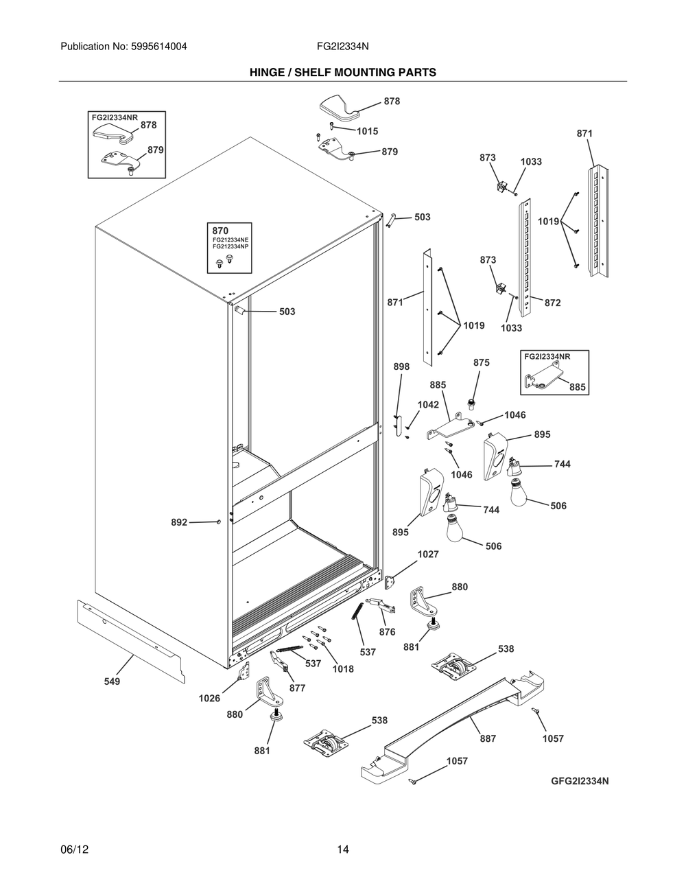 Hinge / Shelf Mounting Parts Diagram and Parts List for FG2I2334NE  Frigidaire Refrigerator