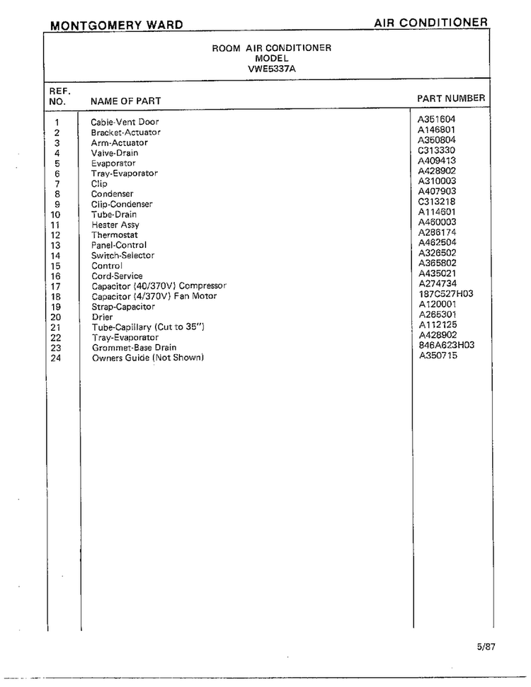 Room Air Conditioner Page 4 Diagram and Parts List for 5337A  Frigidaire Air Conditioner