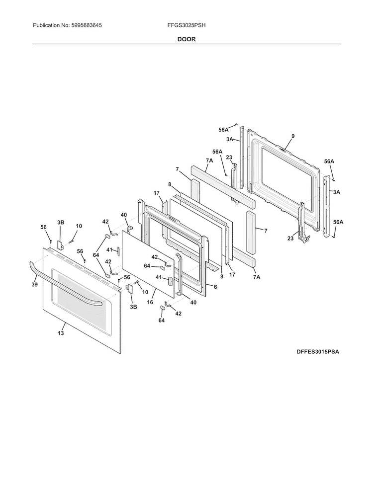 Door Diagram and Parts List for FFGS3025PSH  Frigidaire Range