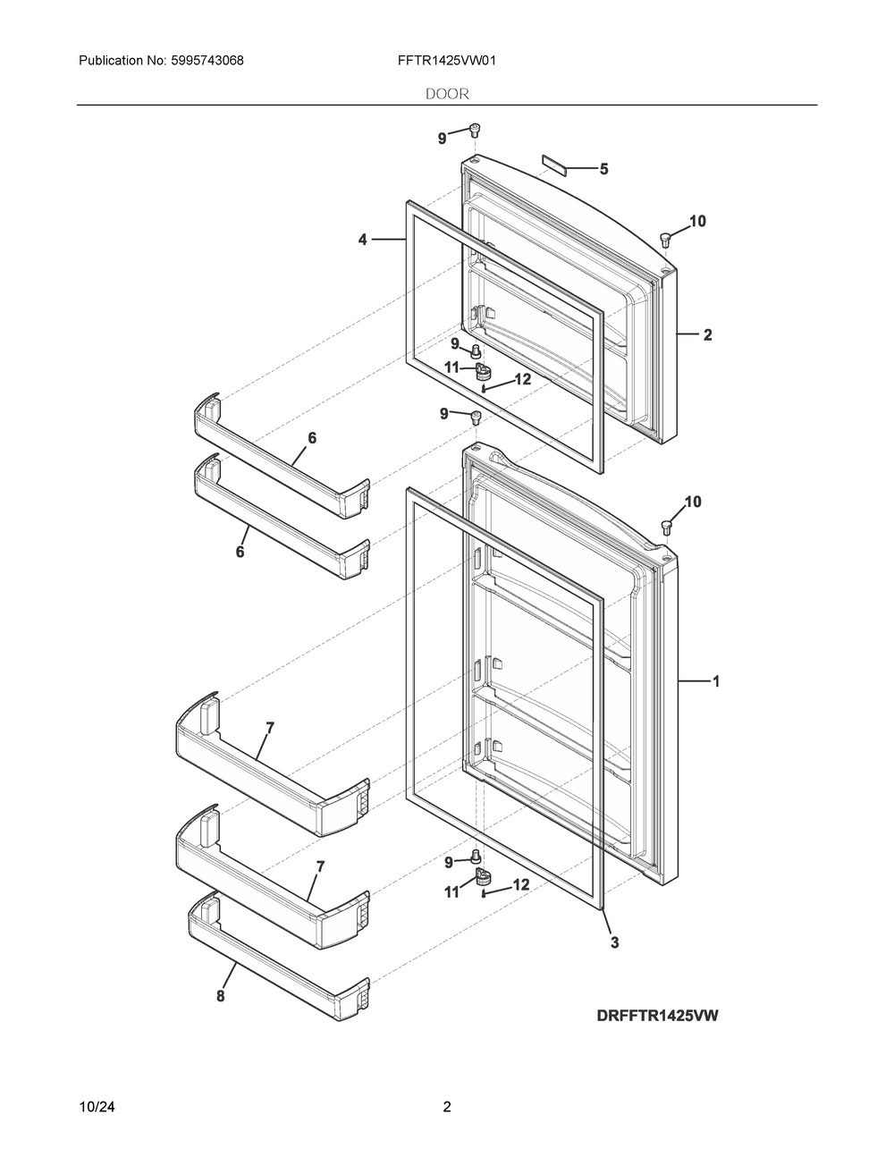 Door Diagram and Parts List for FFTR1425VW01  Frigidaire Refrigerator