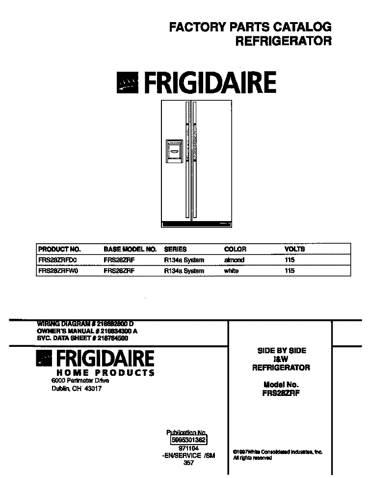 COVER Diagram and Parts List for FRS28ZRFD0  Frigidaire Refrigerator