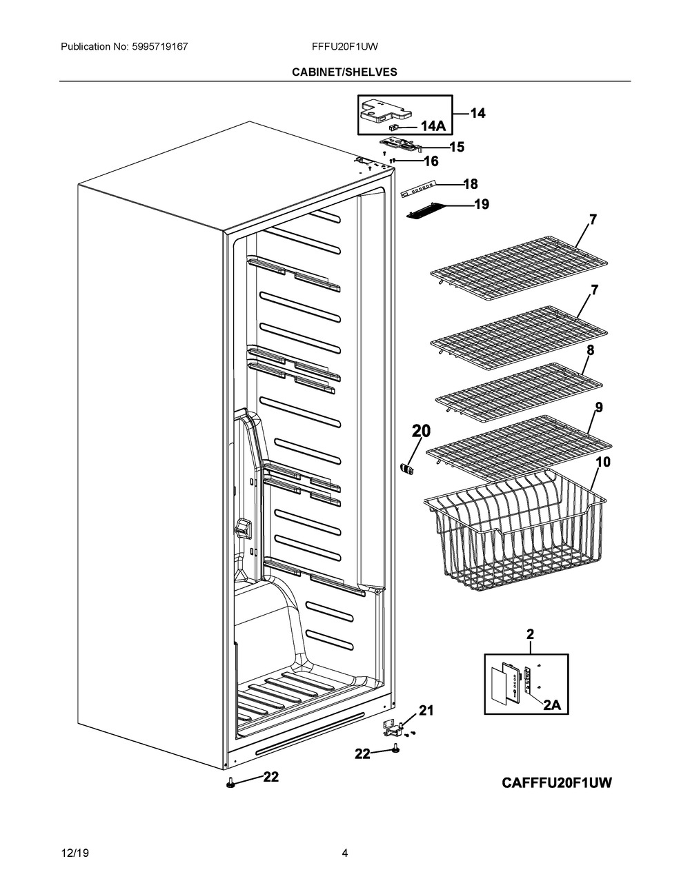 Cabinet/shelves Diagram and Parts List for FFFU20F1UW  Frigidaire Freezer