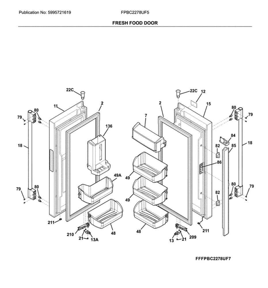 Fresh Food Doors Diagram and Parts List for FPBC2278UF5  Frigidaire Refrigerator