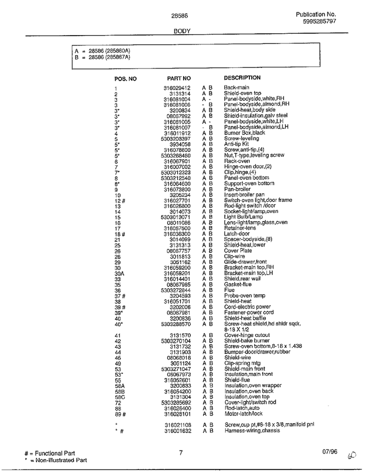 Body Page 2 Diagram and Parts List for 285860A  Frigidaire Range