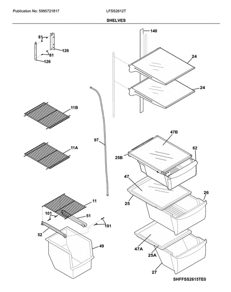Shelves Diagram and Parts List for LFSS2612TF4  Frigidaire Refrigerator