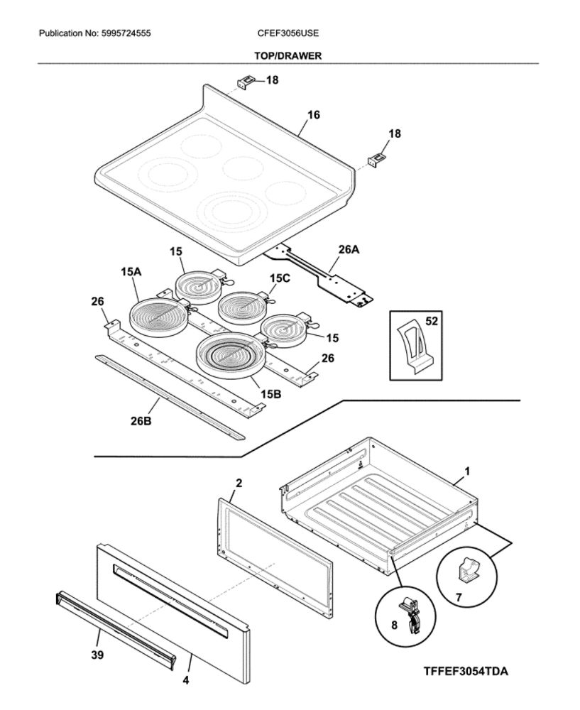 Top/Drawer Diagram and Parts List for CFEF3056USE  Frigidaire Range