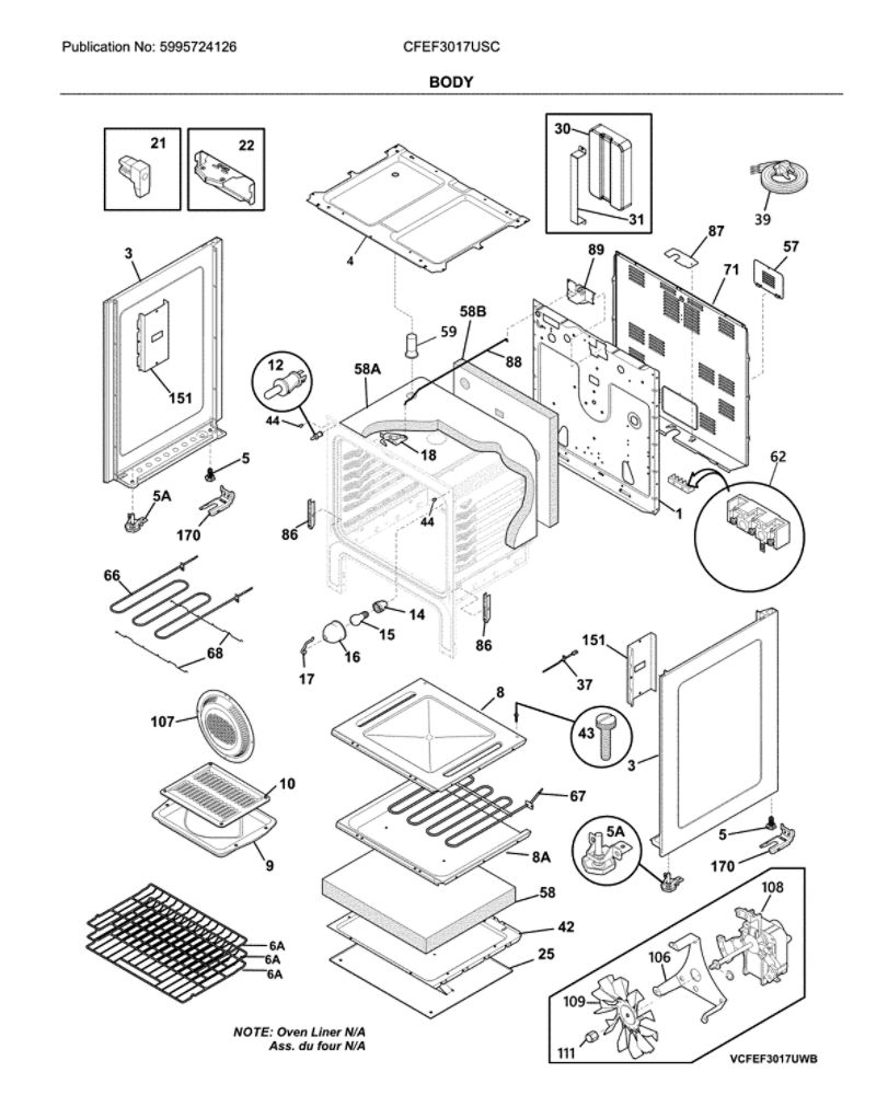 Body Diagram and Parts List for CFEF3017USC  Frigidaire Range