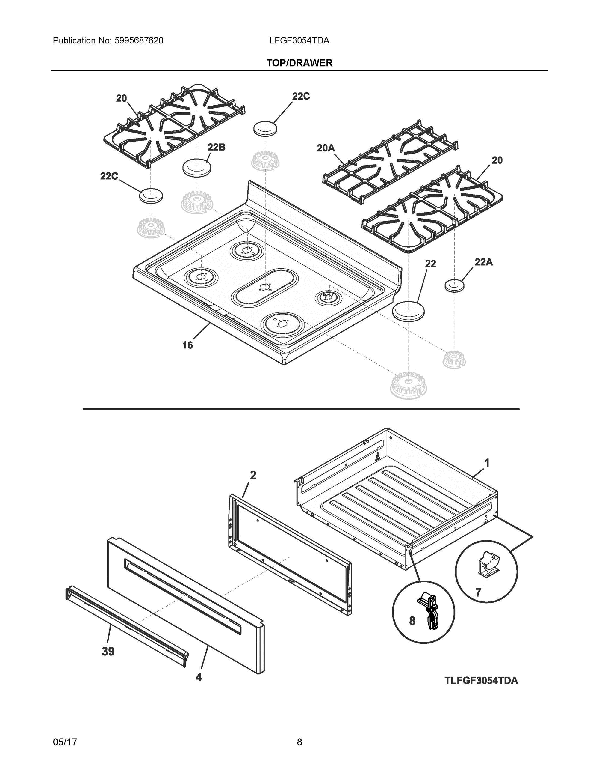05 - TOP/DRAWER Diagram and Parts List for LFGF3054TDA  Frigidaire Range