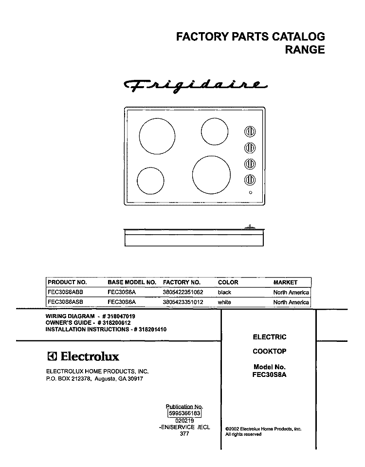 COVER Diagram and Parts List for FEC30S6ASB  Frigidaire Cooktop