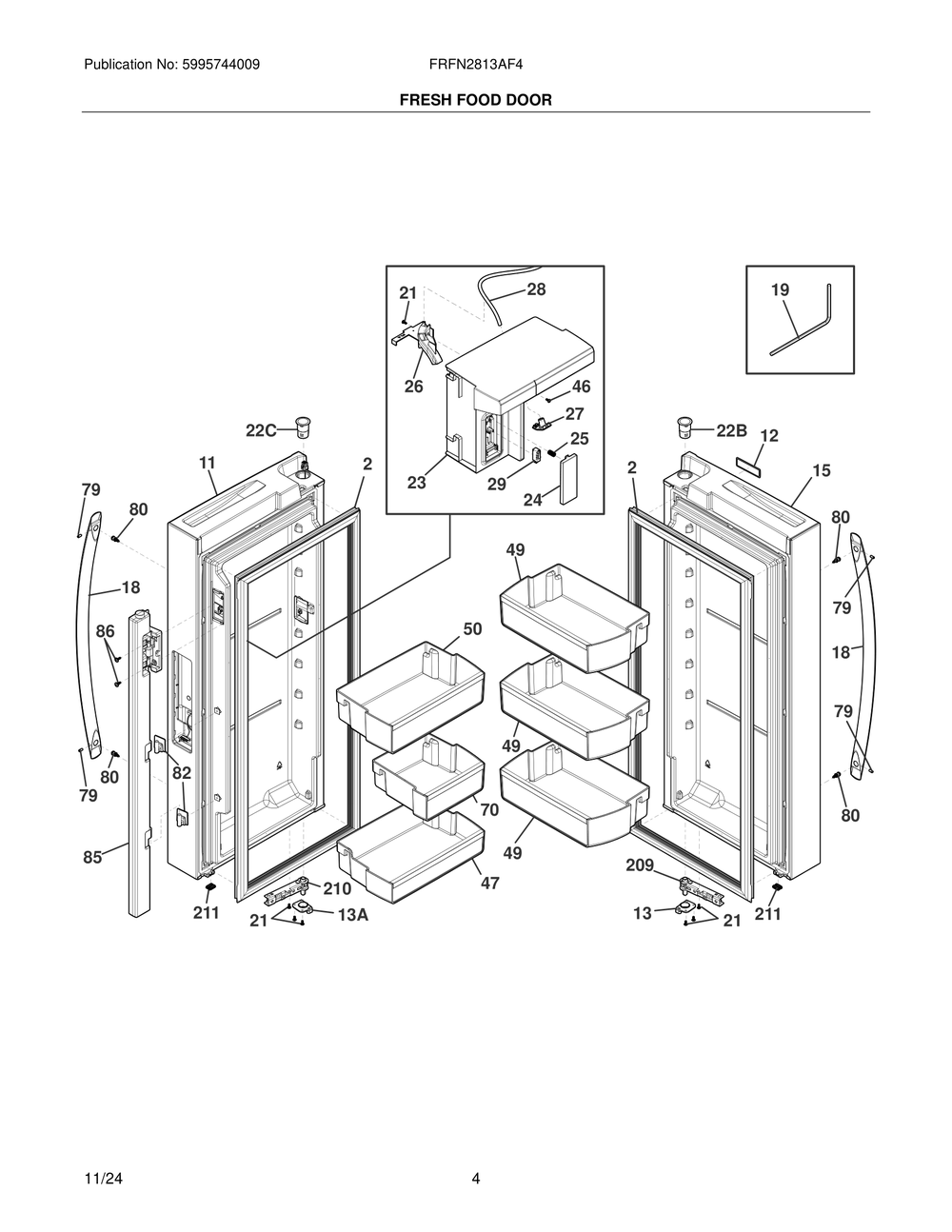 Fresh Food Door Diagram and Parts List for FRFN2813AF4  Frigidaire Freezer