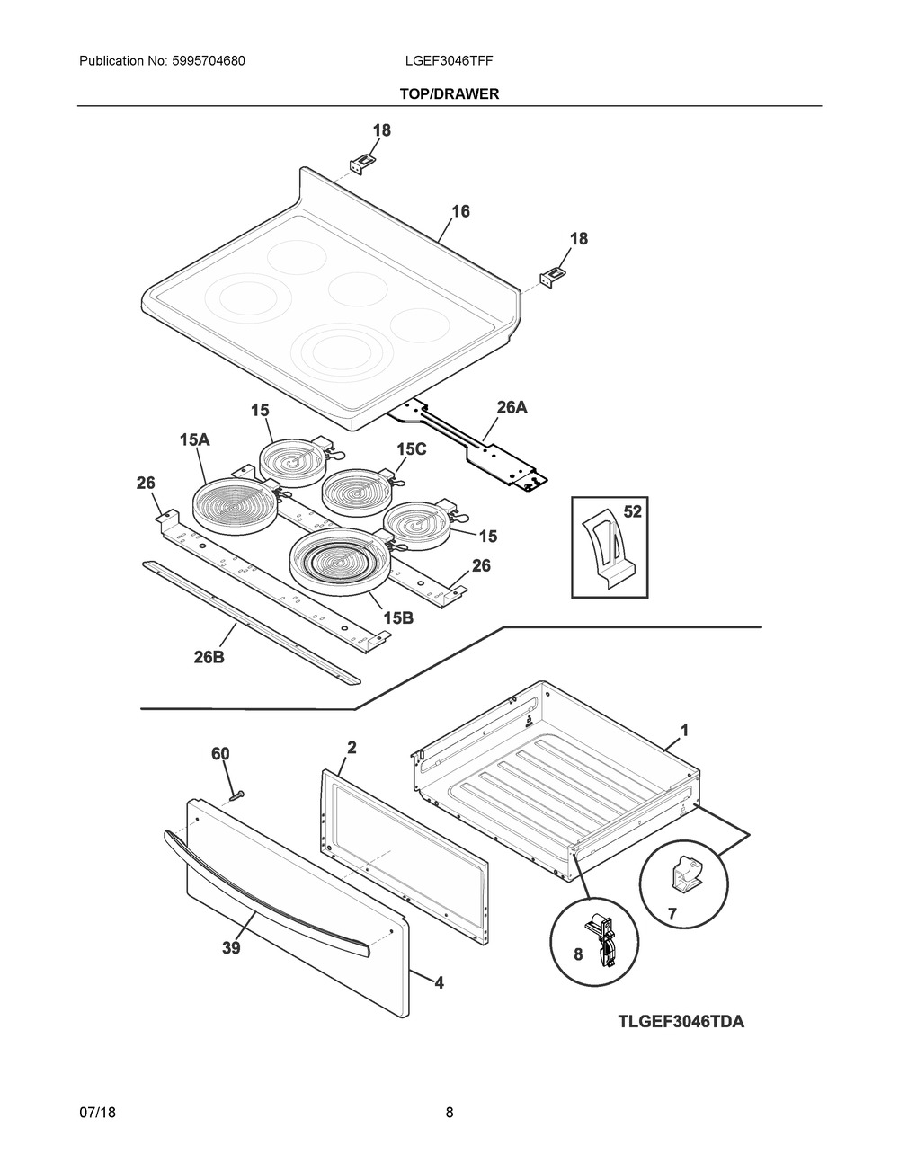 Top/drawer Diagram and Parts List for LGEF3046TFF  Frigidaire Range