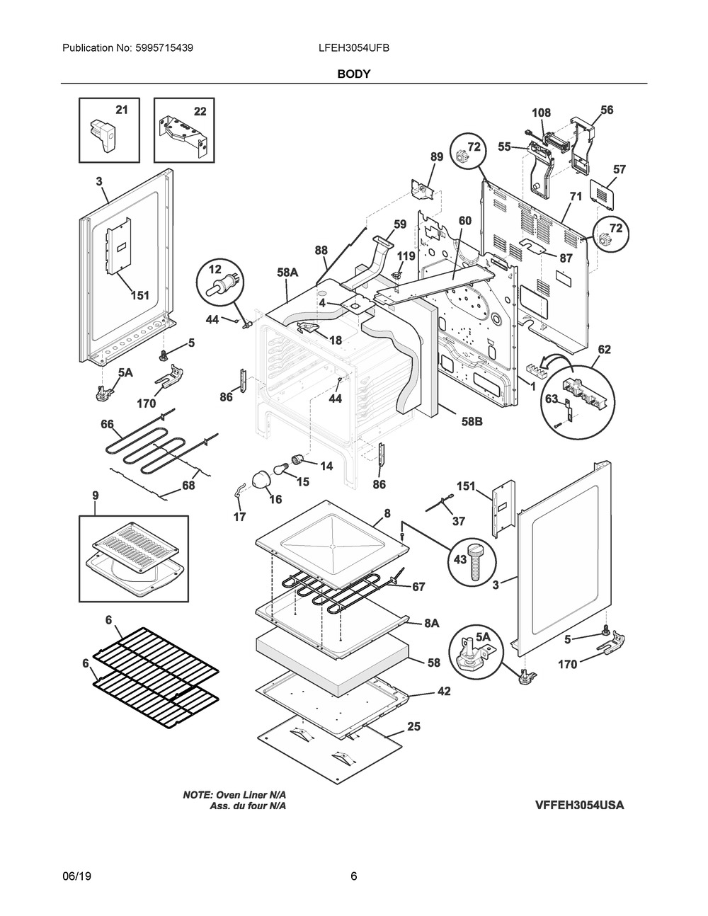Body Diagram and Parts List for LFEH3054UFB  Frigidaire Range
