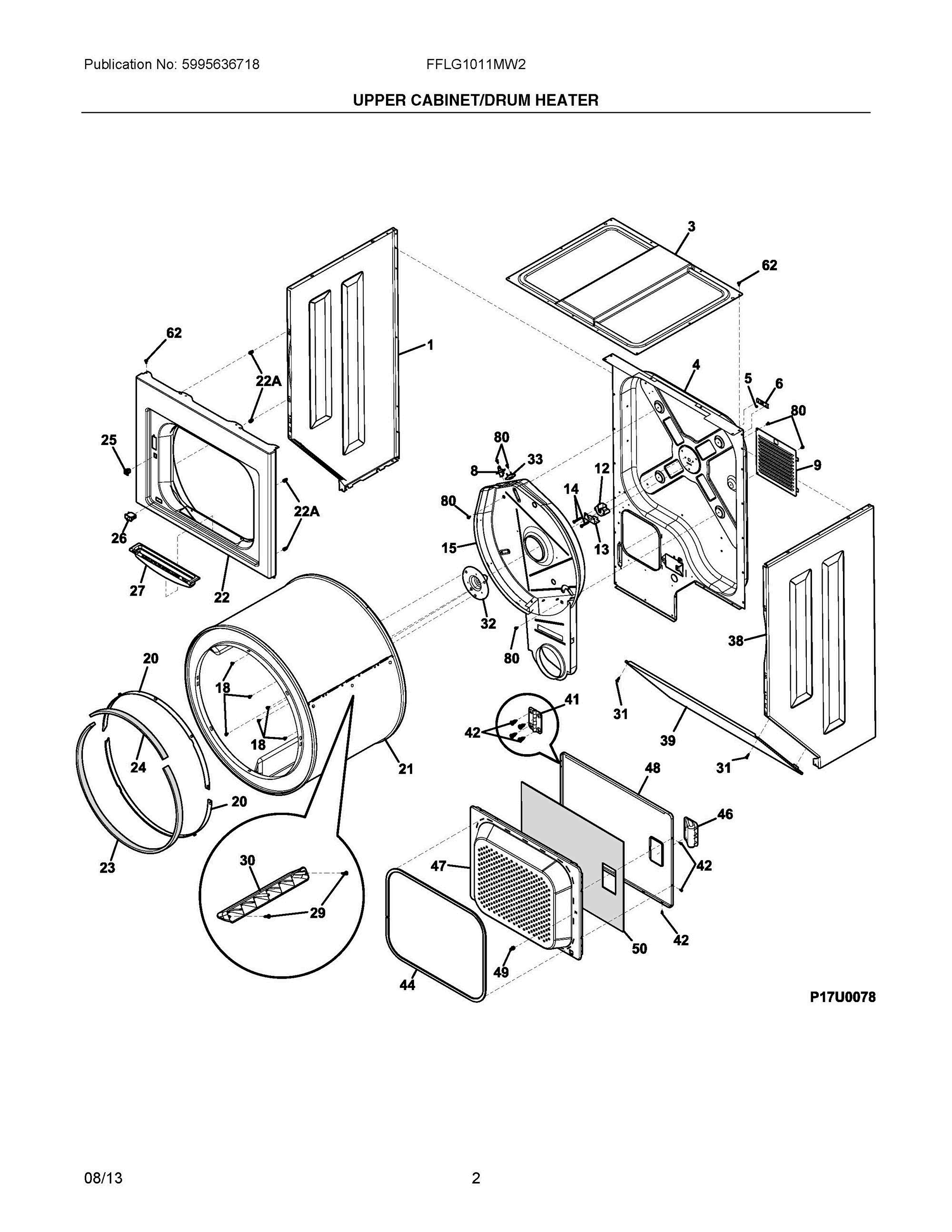 02 - UPPER CABINET/DRUM HEATER Diagram and Parts List for FFLG1011MW2  Frigidaire Washer Dryer Combo