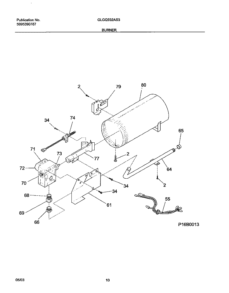 BURNER Diagram and Parts List for GLGQ332AS3  Frigidaire Dryer
